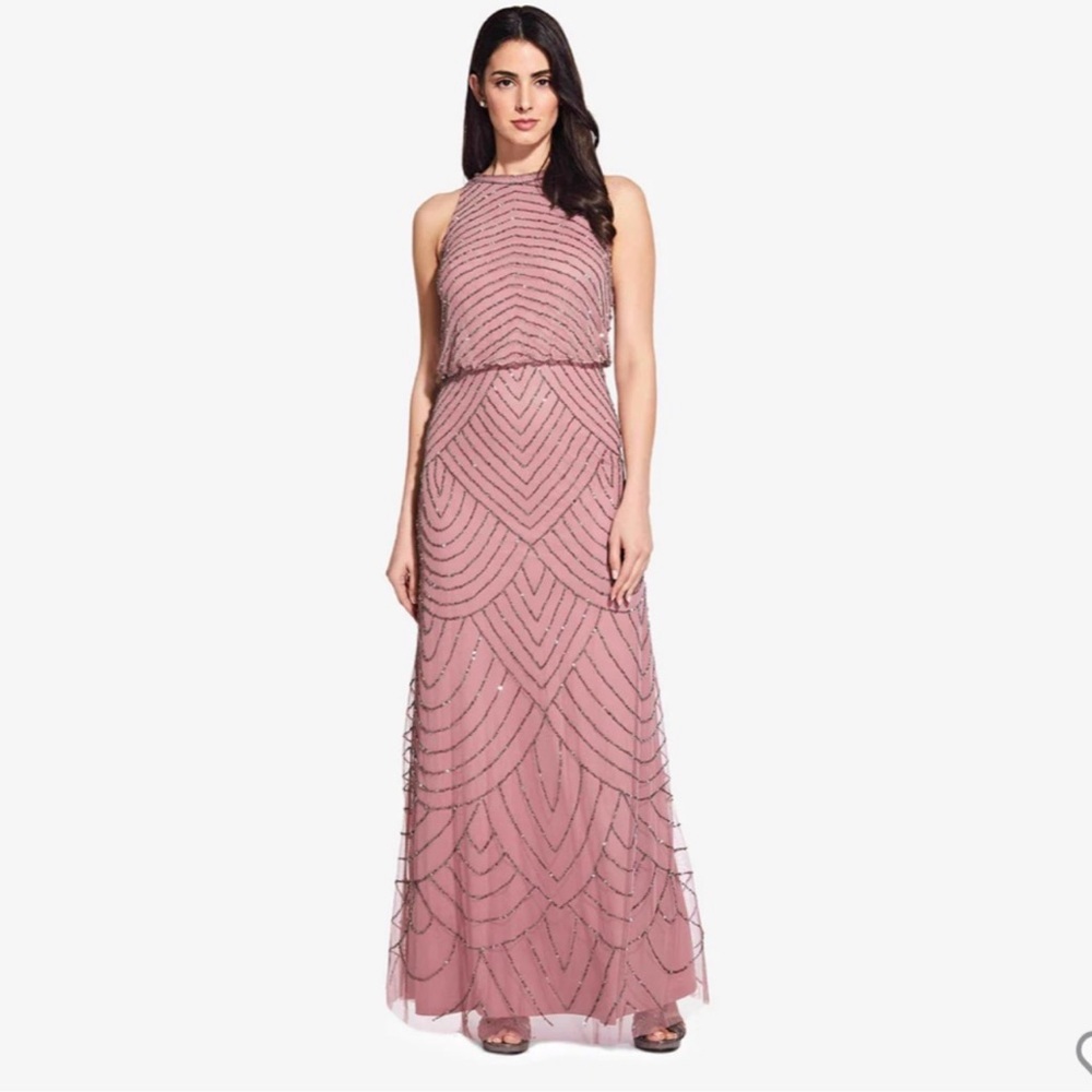 Adrianna Papell Art Deco Beaded Blouson Dress W/Halter Neckline in Rose Mercury